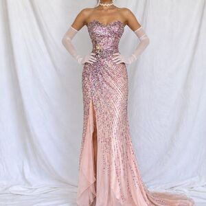 Vintage Y2K Pink Purple Side Slit Strapless Fit Flared Sequin Maxi Prom Dress XS